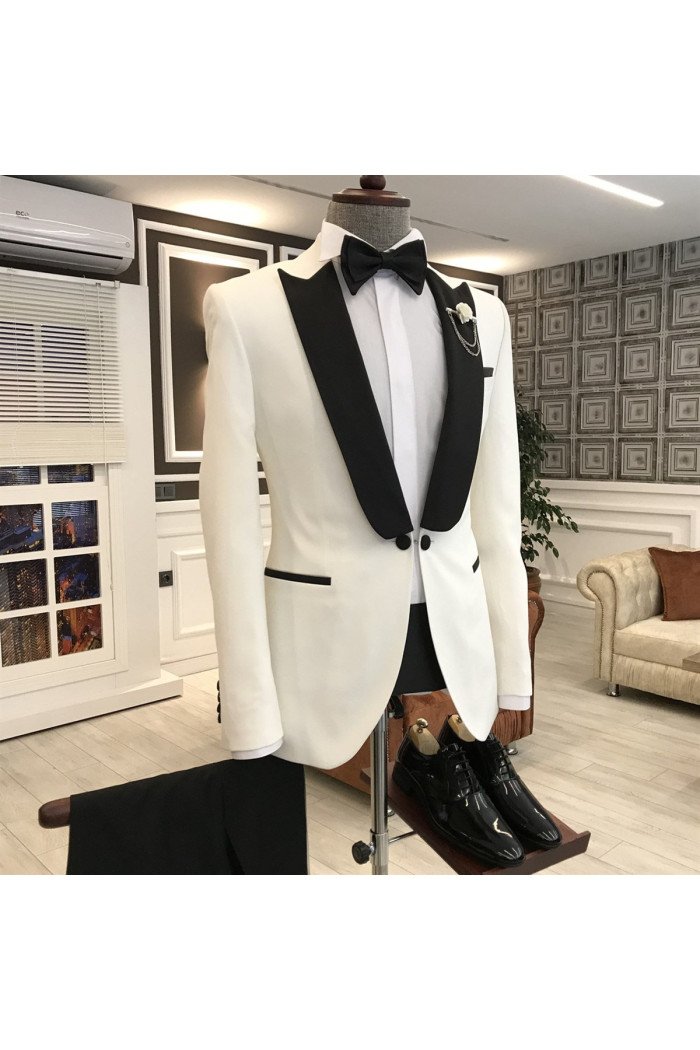 New Arrival Simple White Mixed Black Peaked Lapel One Button Close Fitting Prom Men Suit