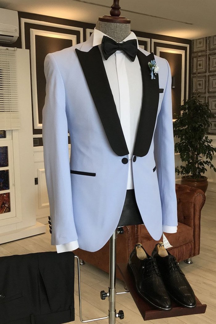 New Arrival Sky Blue One Button Close Fitting Men Suits Mixed Black Peaked Lapel