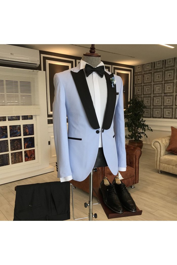 New Arrival Sky Blue One Button Close Fitting Men Suits Mixed Black Peaked Lapel