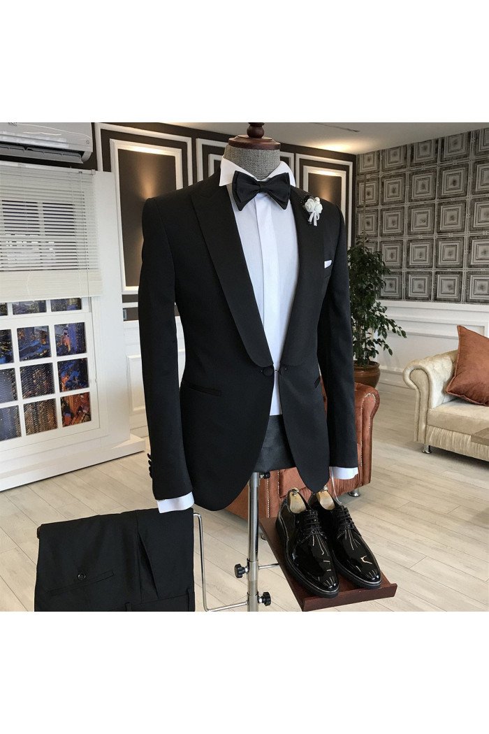 Trendy  Simple Black One Button Formal Business Close Fitting Men Suits