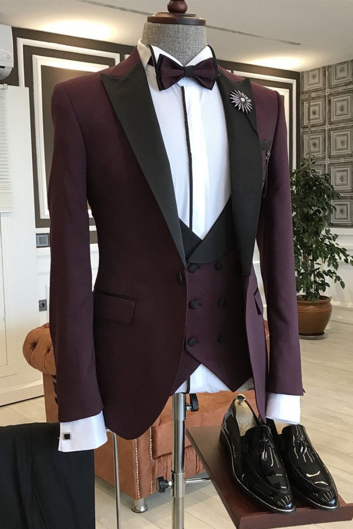 Kent Burgundy 3-Pieces Black Peaked Lapel Double Breasted Men Suits