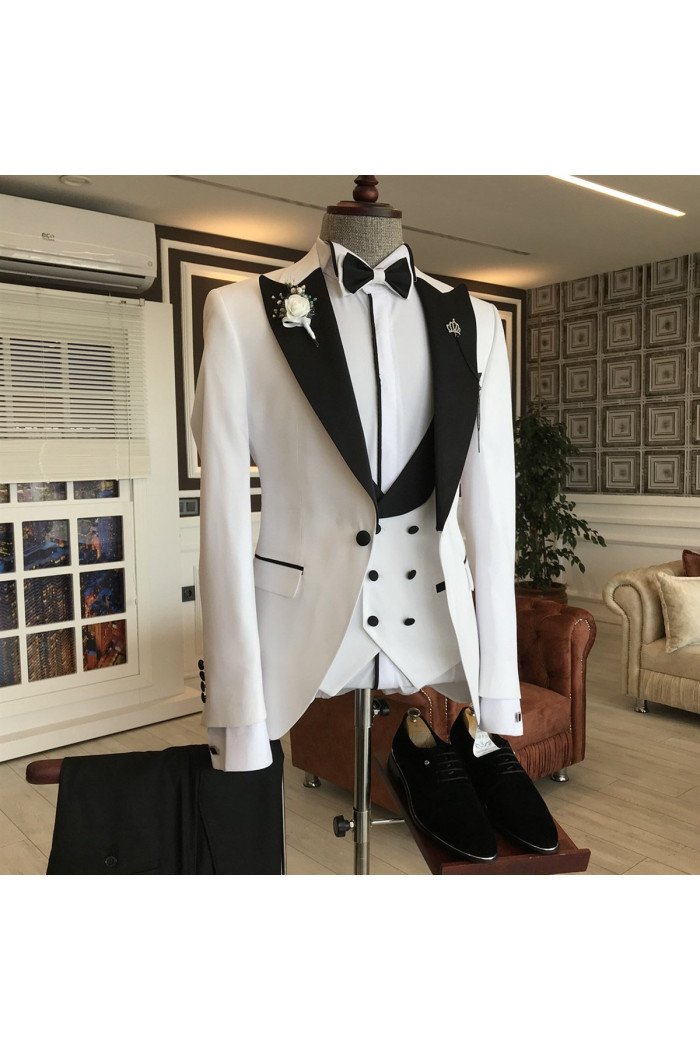Leo Fashion White 3-Pieces Black Peaked Lapel Double Breasted Bespoke Men Suits