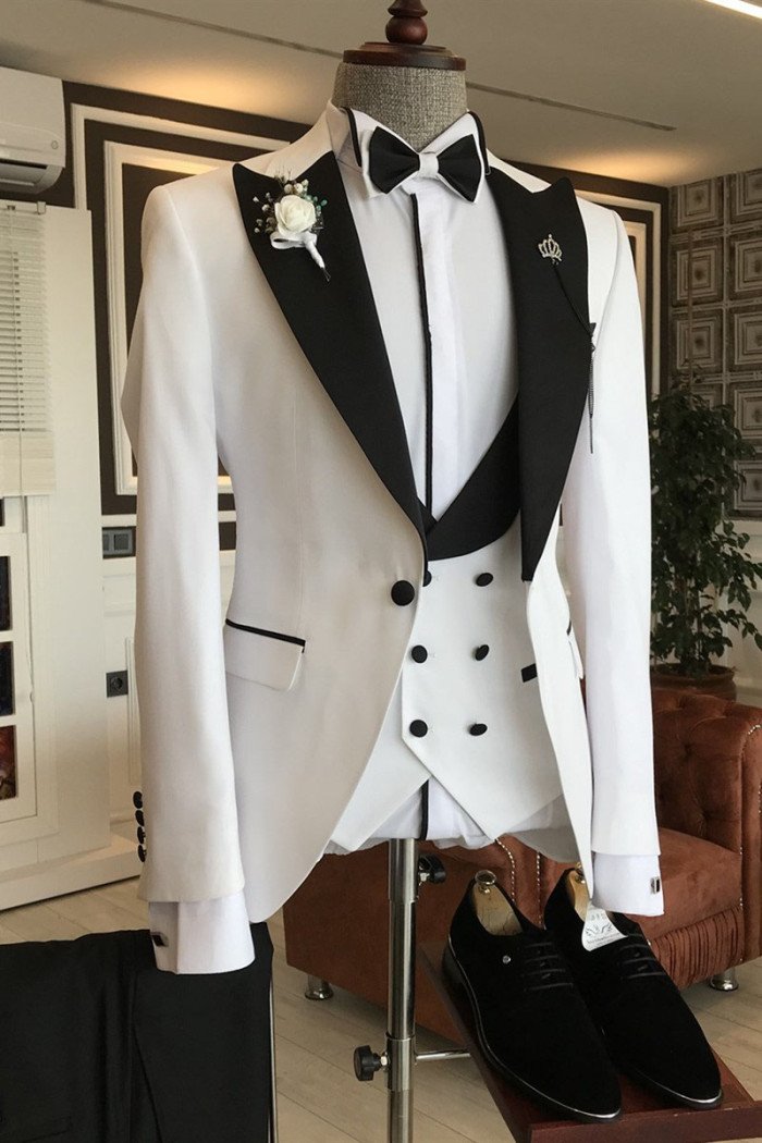 Leo Fashion White 3-Pieces Black Peaked Lapel Double Breasted Bespoke Men Suits
