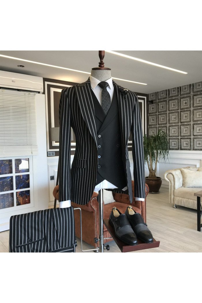 Levi Stylish Black And White Striped 3-pieces Peaked Lapel Suits