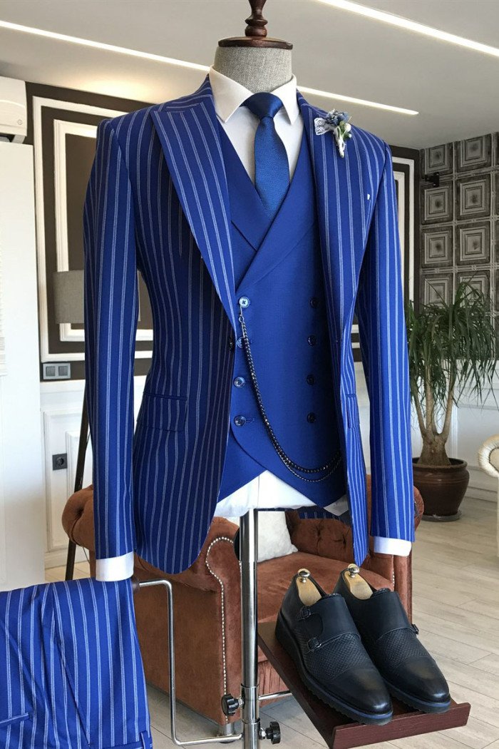 Trendy Blue Striped 3-pieces Peaked Lapel Formal Men Suits