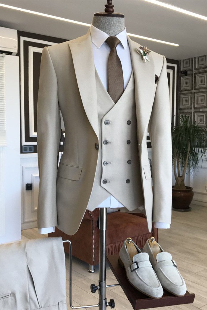 Eddie Light Khaki 3-Pieces Peaked Lapel Formal Business Men Suits