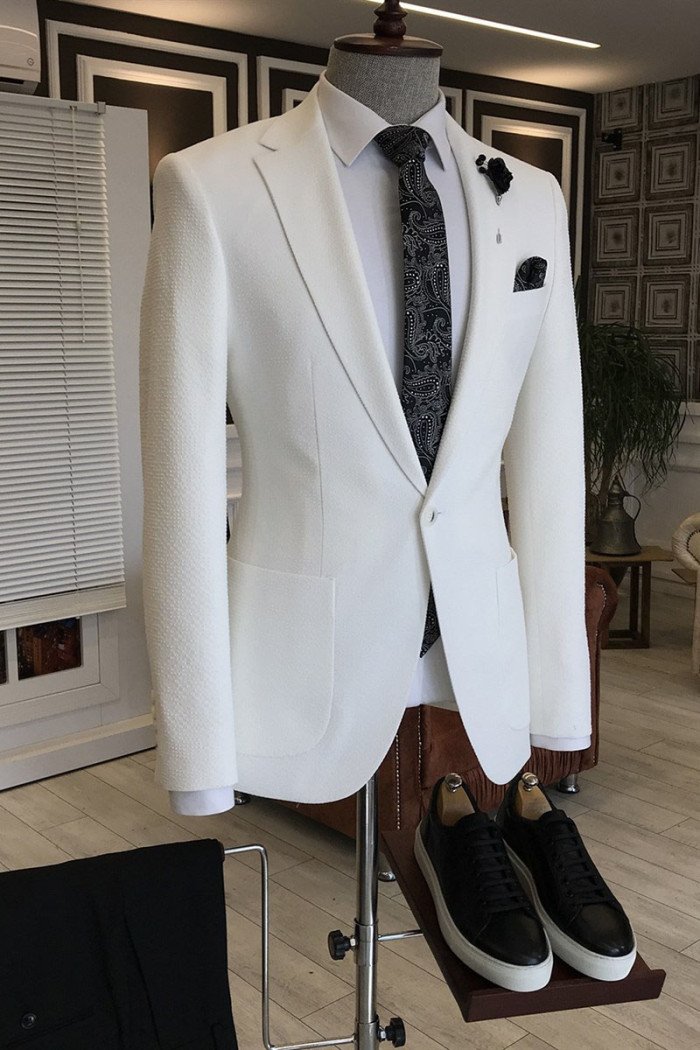 Trendy White Notched Lapel One Button Close Fitting Business Men Suits