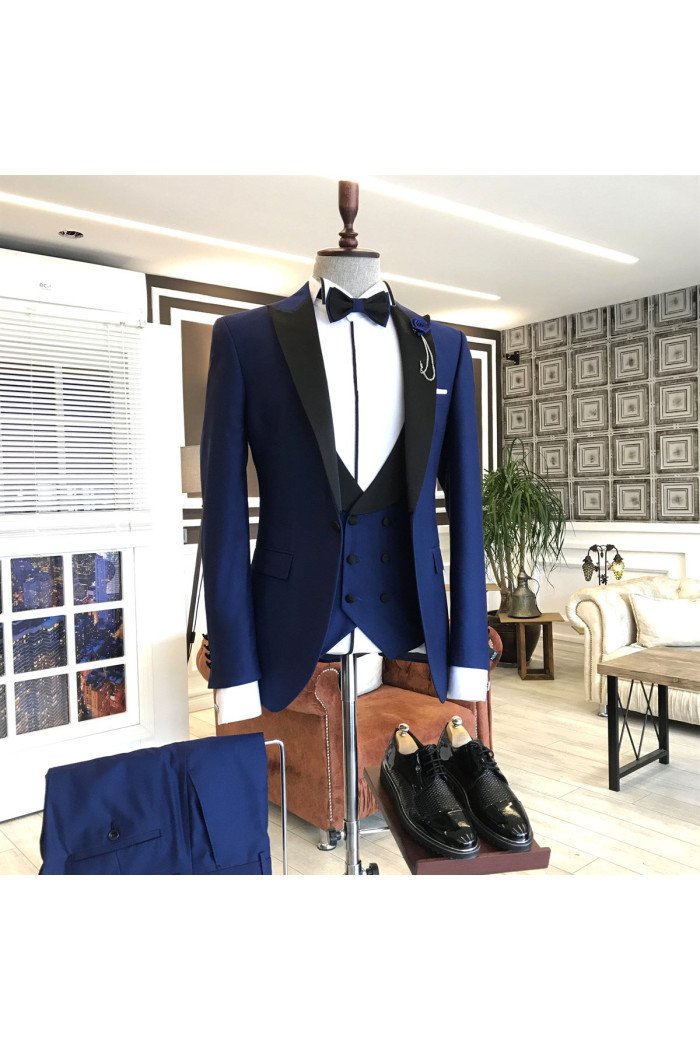 Noah Royal Blue 3-pieces Black Peaked Lapel Business Men Suits
