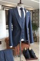 Trendy Gentle Navy Blue Peaked Lapel One Button Close Fitting Business Men Suits