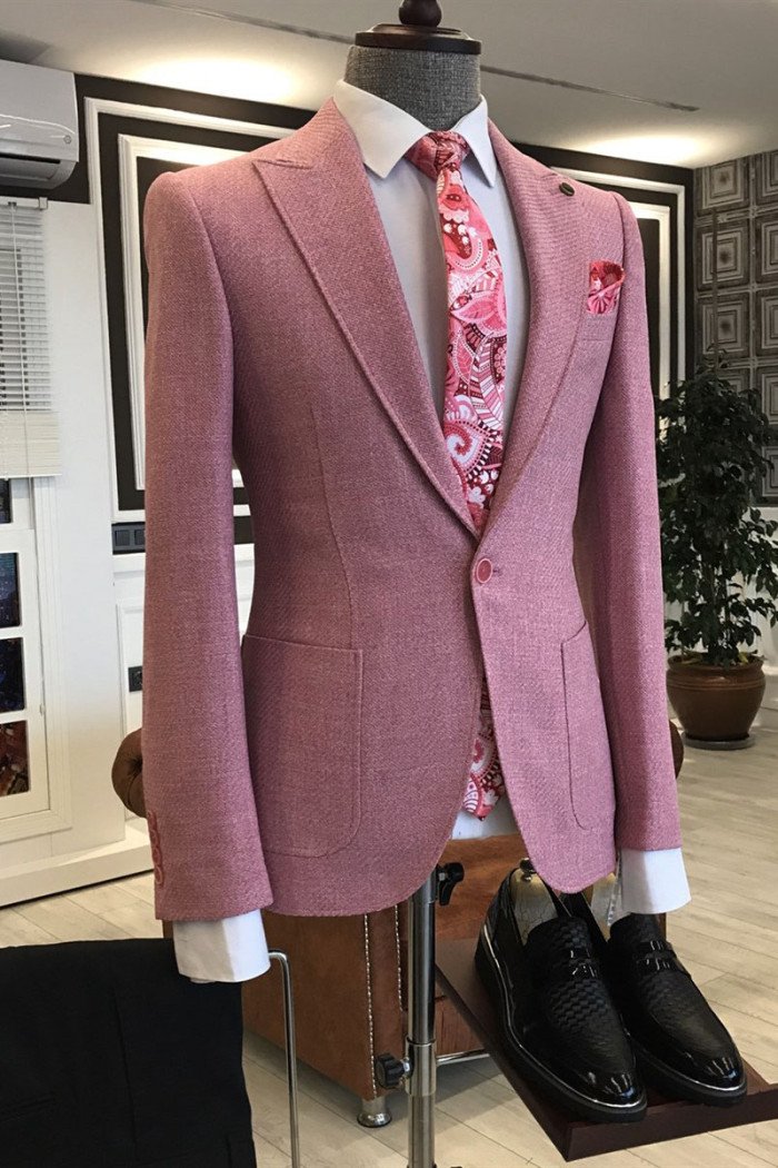 Rock Pink Peaked Lapel One Button Close Fitting Prom Men Suits