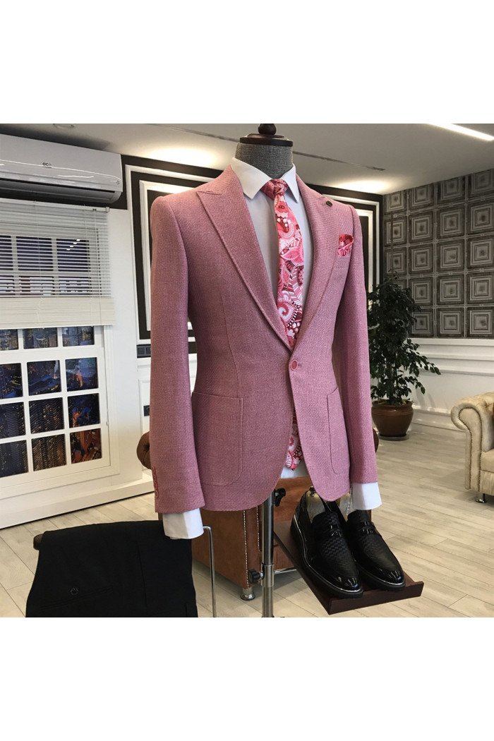 Rock Pink Peaked Lapel One Button Close Fitting Prom Men Suits
