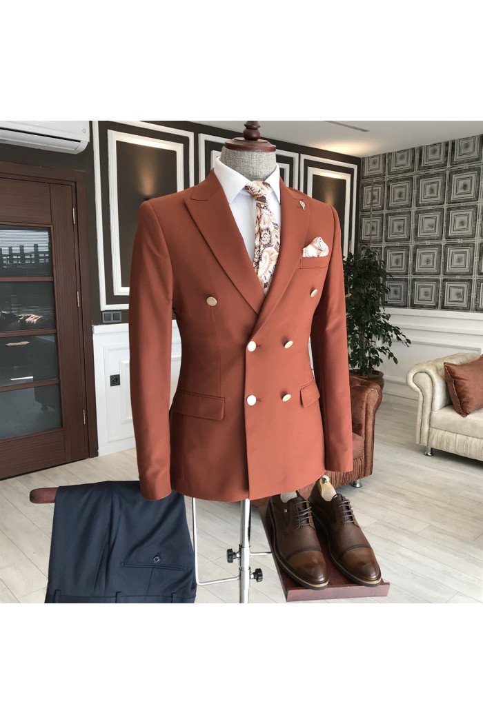 Stylish Orange Peaked Lapel Double Breasted Men Suits For Business