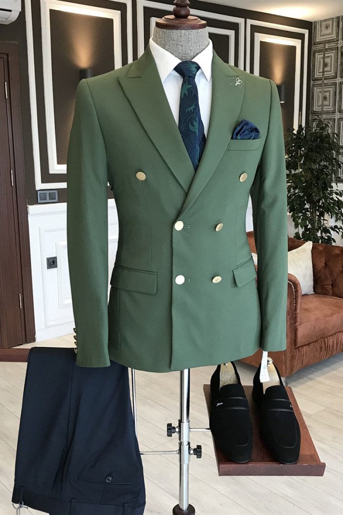 Stylish Green Peaked Lapel Double Breasted Bespoke Men Suits