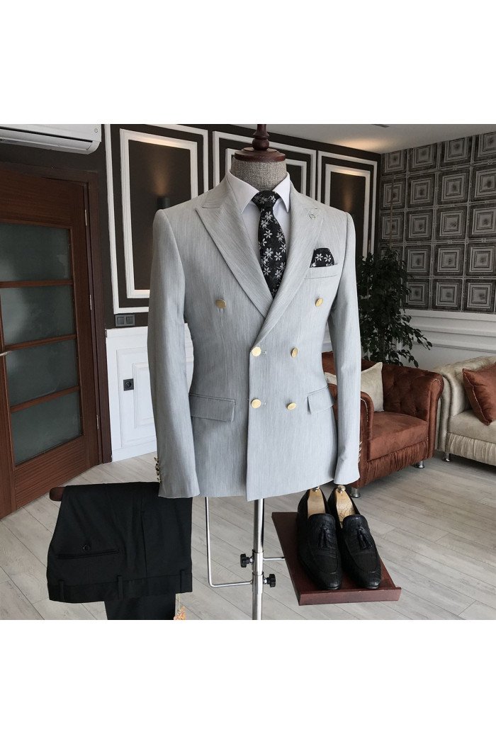 Stylish Fashion Silver Peaked Lapel Double Breasted Business Men Suits