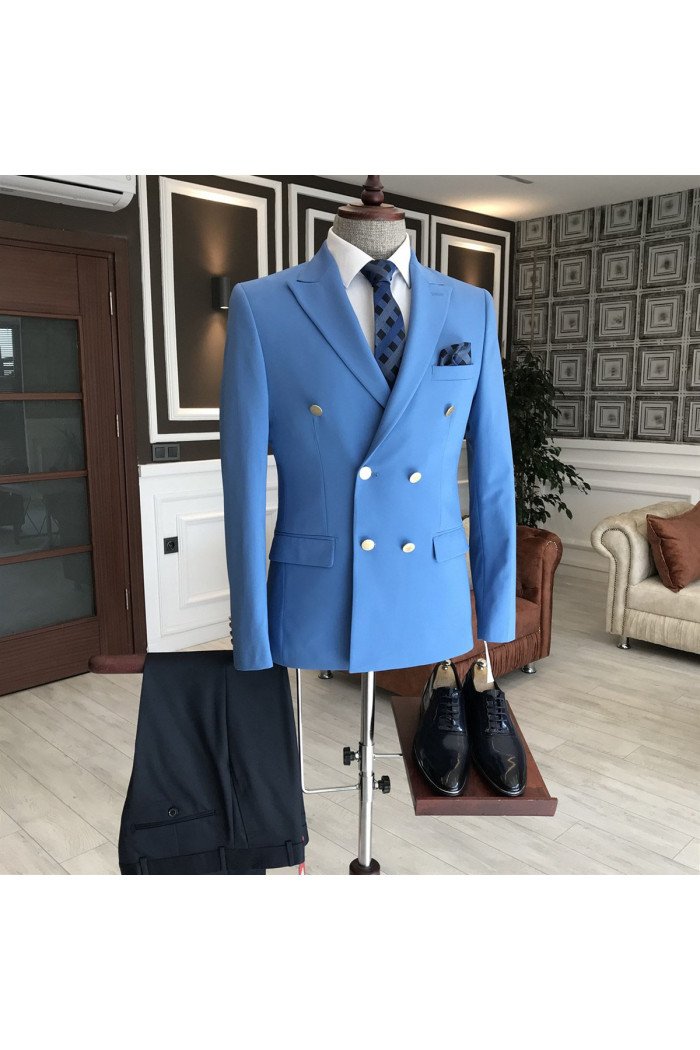 Formal Solid Blue Peaked Lapel Double Breasted Business Men Suits