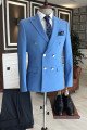 Formal Solid Blue Peaked Lapel Double Breasted Business Men Suits
