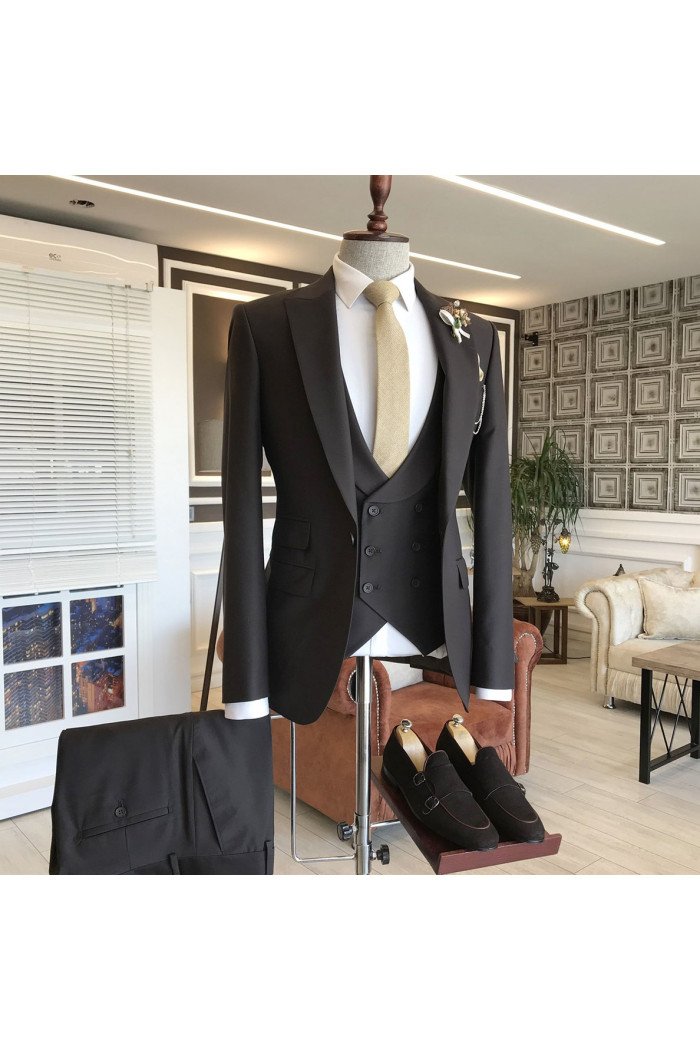 Formal Modern 3-pieces Black Peaked Lapel Business Men Suits