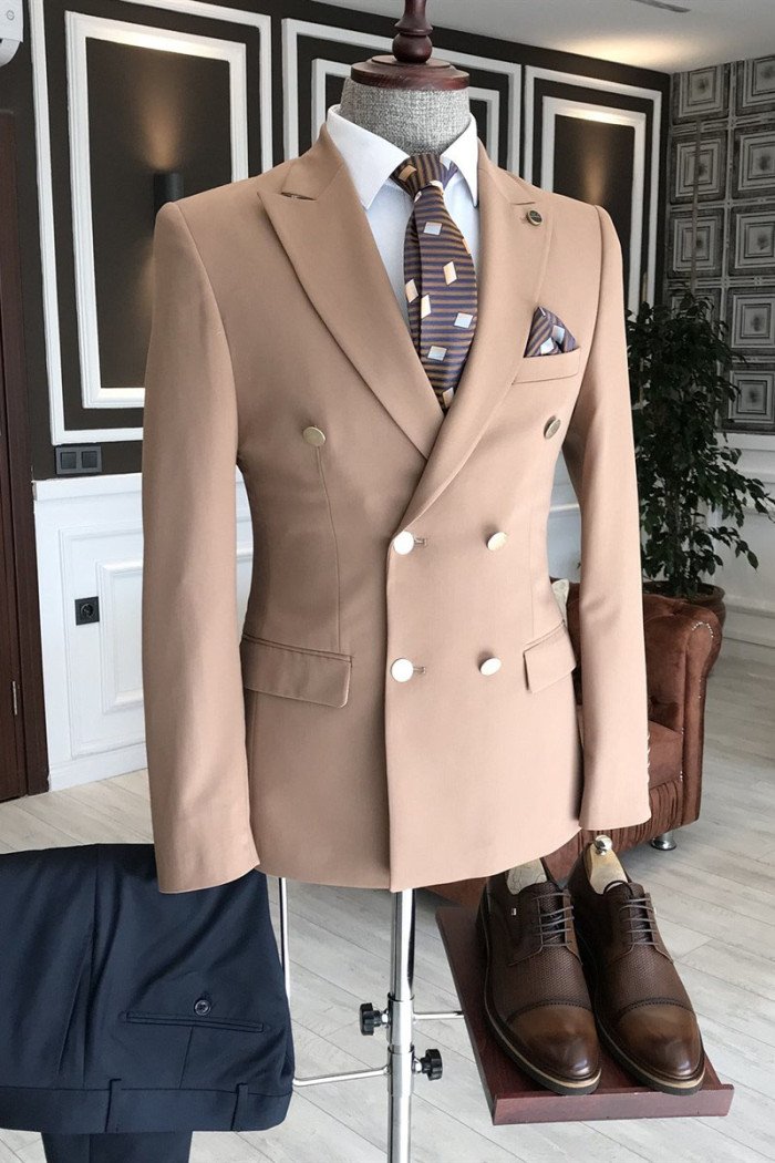 Formal Pink Peaked Lapel Double Breasted Men Suit