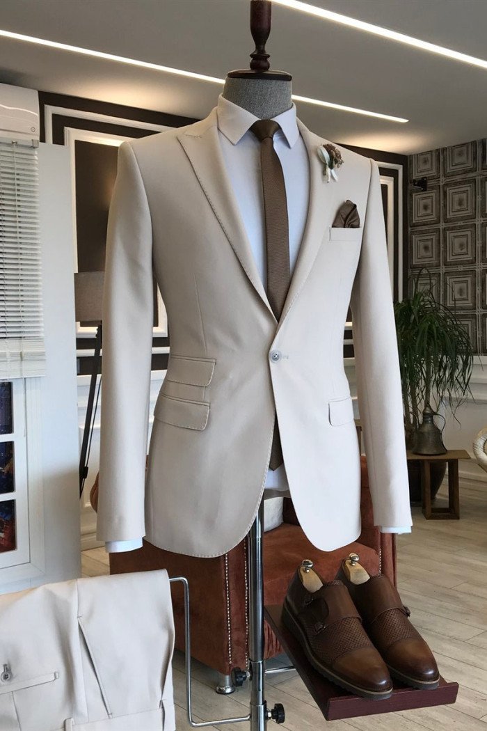 New Light Khaki Peaked Lapel One Button Men Suits