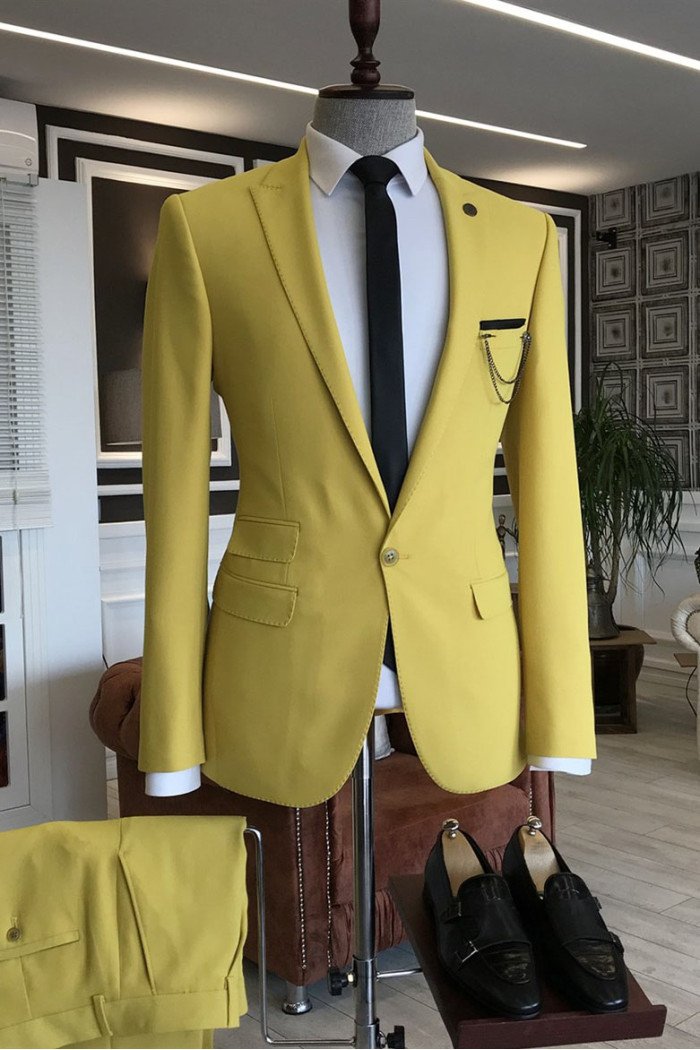 Fashion Yellow Peaked Lapel One Button Prom Men Suits