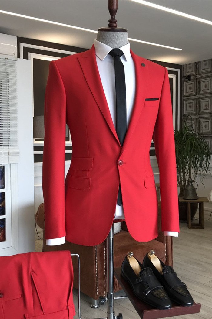 Fashion Red Peaked Lapel Close Fitting Bespoke Prom Men Suits