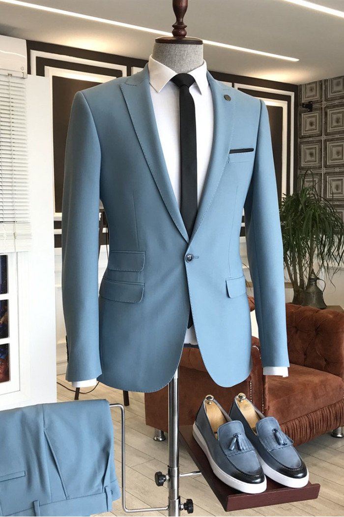 Modern Sky Blue Peaked Lapel Mens Prom Outfits