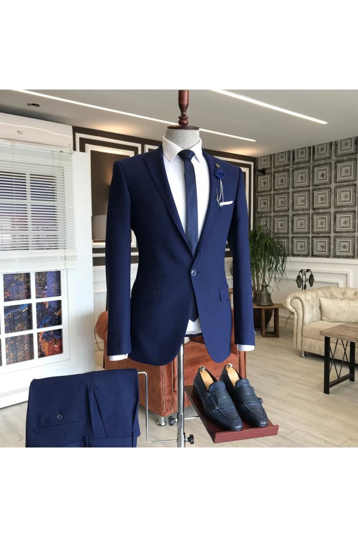Formal Navy Blue Peaked Lapel Business Men Suits