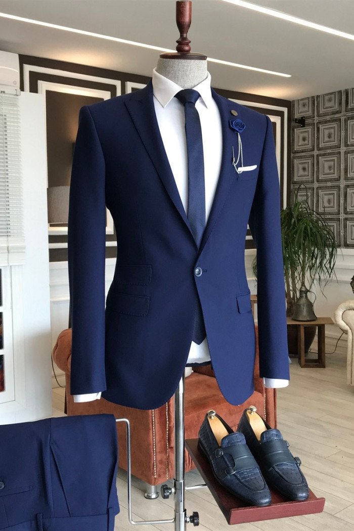 Formal Navy Blue Peaked Lapel Business Men Suits