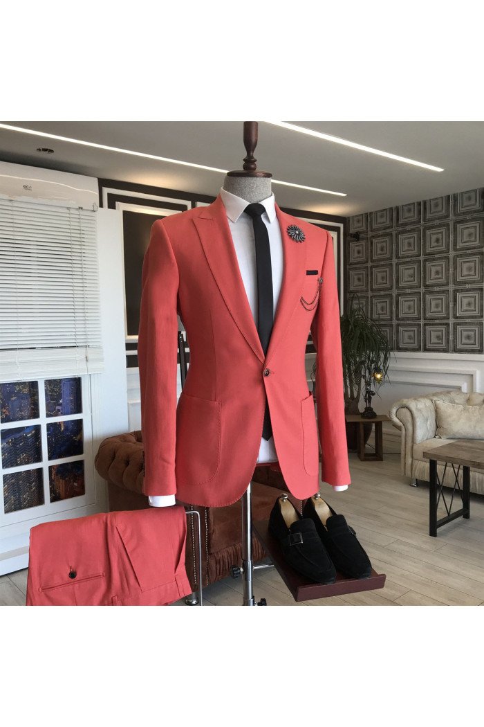 Modern Red Peaked Lapel Close Fitting Prom men suits