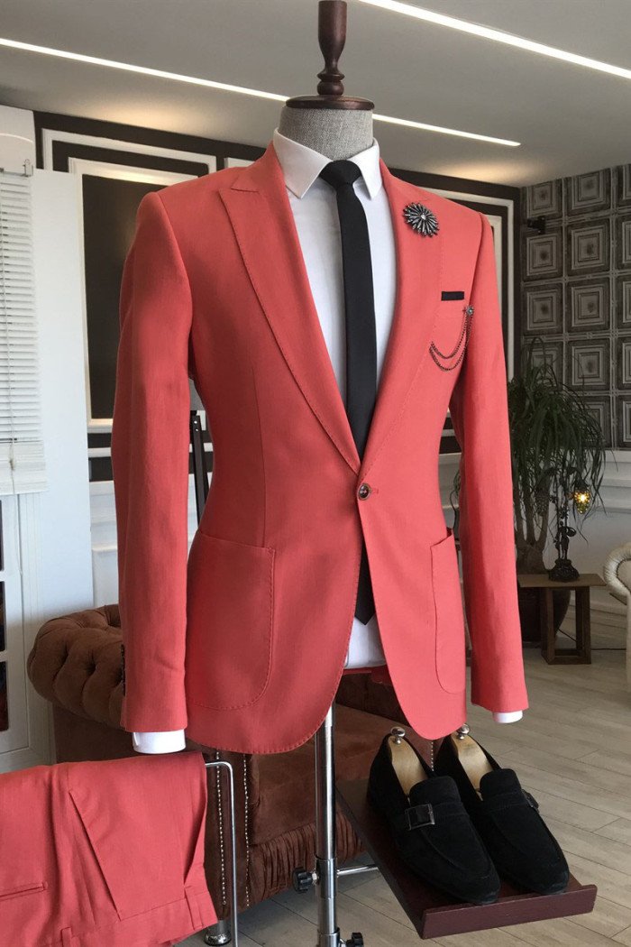 Modern Red Peaked Lapel Close Fitting Prom men suits