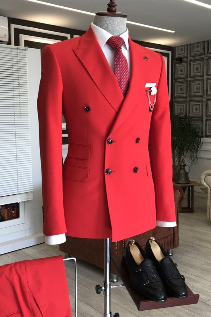 Popular Red Peaked Lapel Double Breasted Bespoke Close Fitting Prom Men Suits