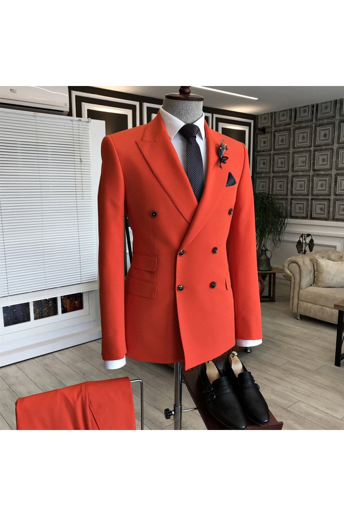 Modern Red Peaked Lapel Double Breasted Men Suits For Prom