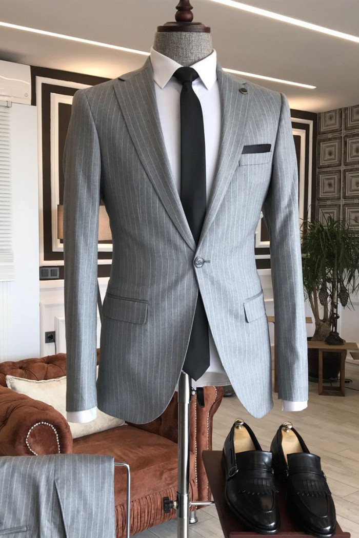 Quinn Official Gray Striped Notch Collar Best Fitted Business Men Suits
