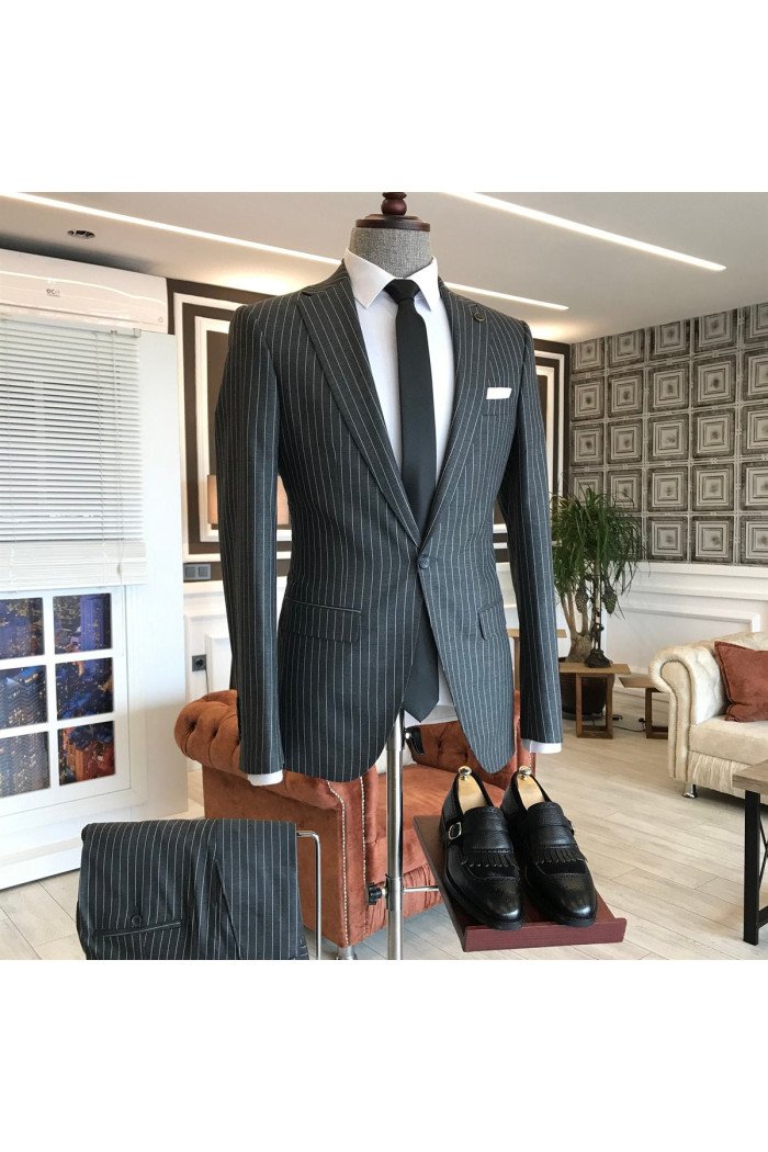 Regan Black Striped Notch Collar Best Fitted Business Men's wear
