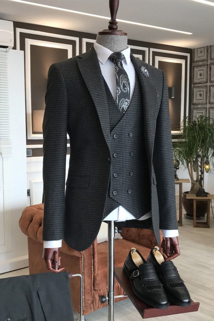 Quentin Black Small Plaid 3-Pieces Notch Collar Business Men Suits