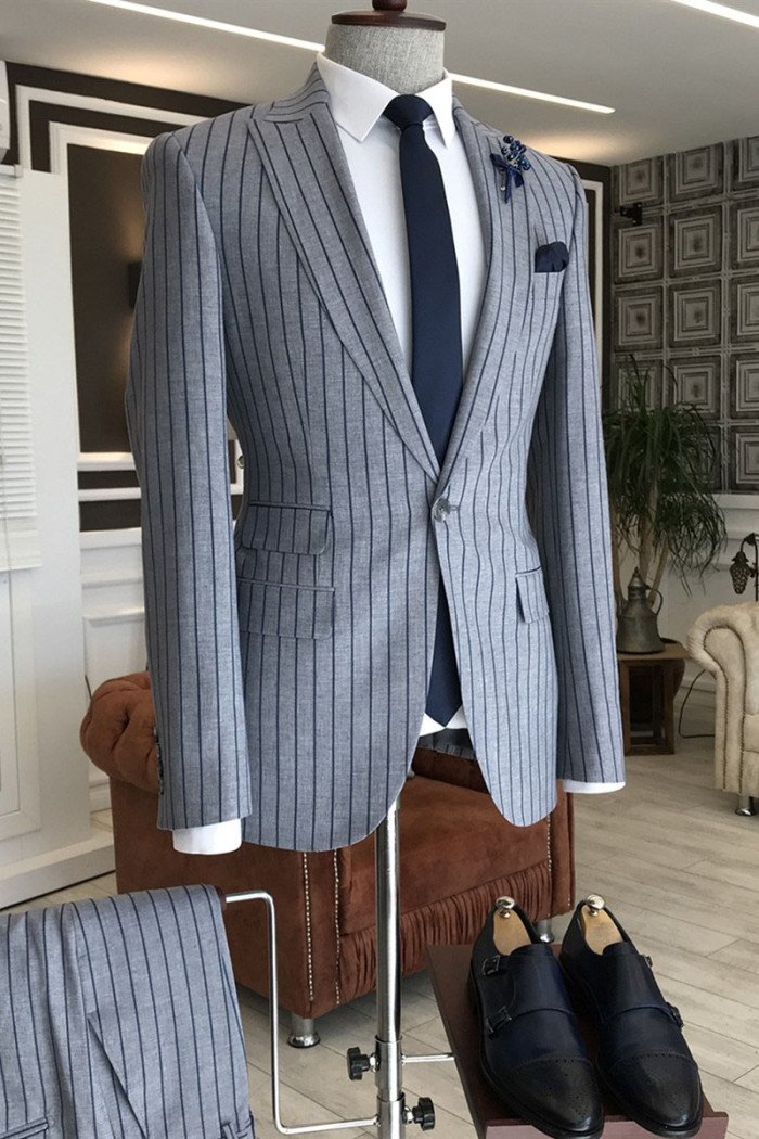 Myron Gray Striped Peaked Collar Best Fitted Official Business Men Suits