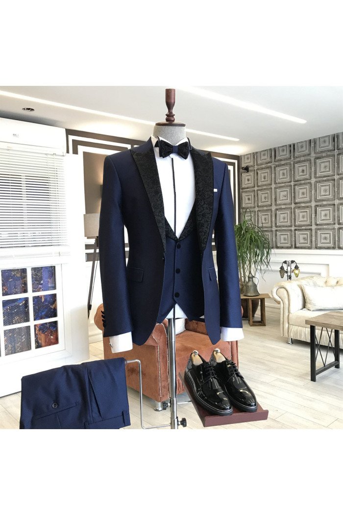 Modern Navy Blue 3-Pieces Black Jacquard Peaked Collar Men Suits