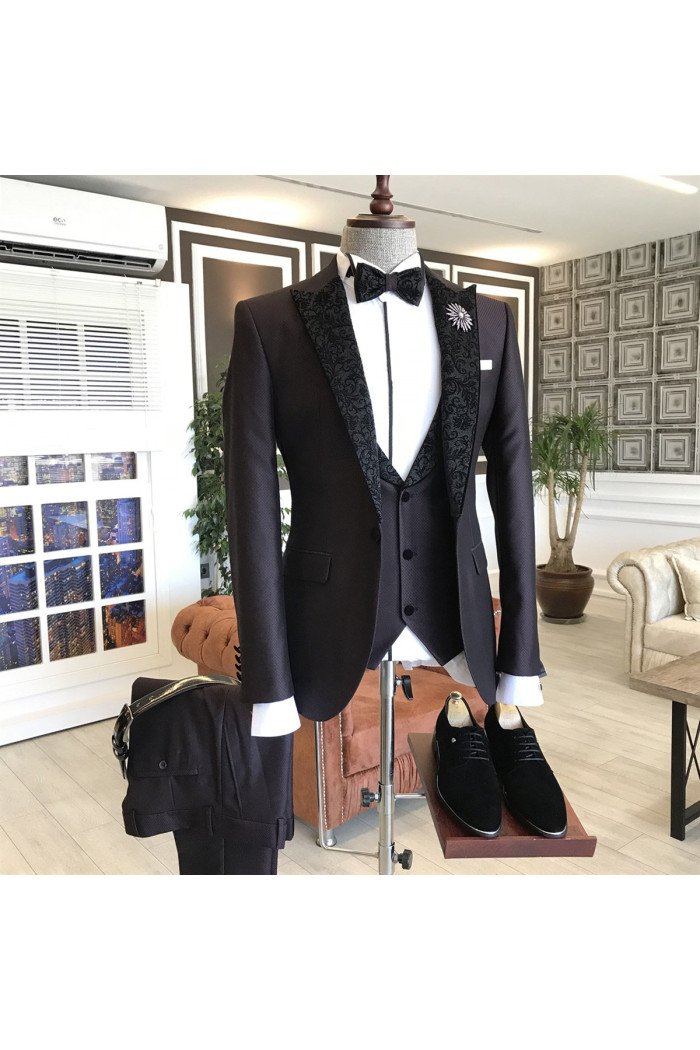 Matthew 3-Pieces Black Jacquard Peaked Collar Bespoke Men Suits