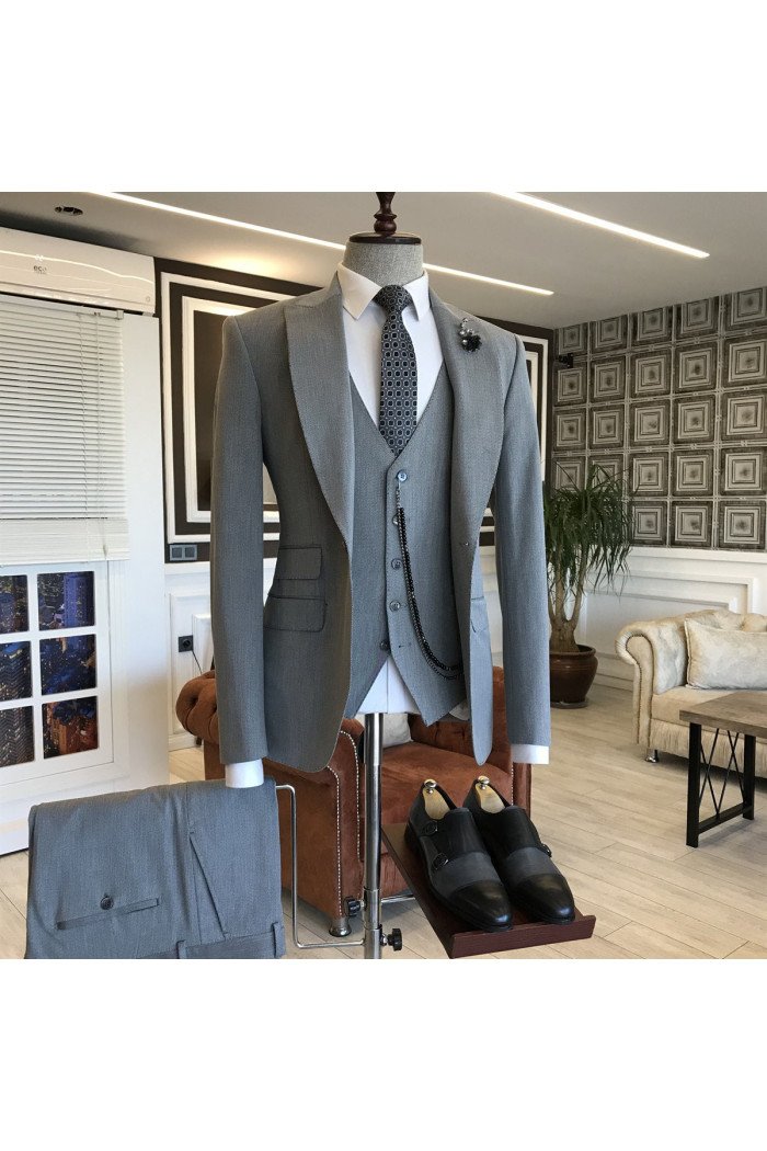 Hunter Handsome Gray Peaked Collar Bespoke Men Suits for Business
