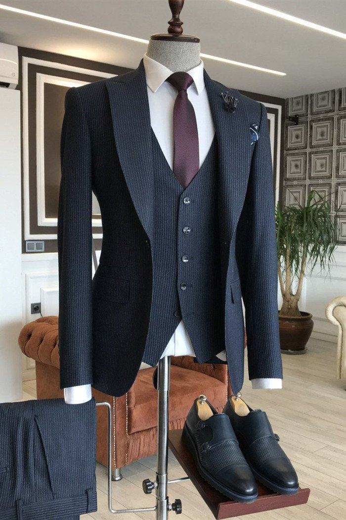 Earl Gentle Navy Blue Velvet 3-Pieces Peaked Collar Business Men Suits