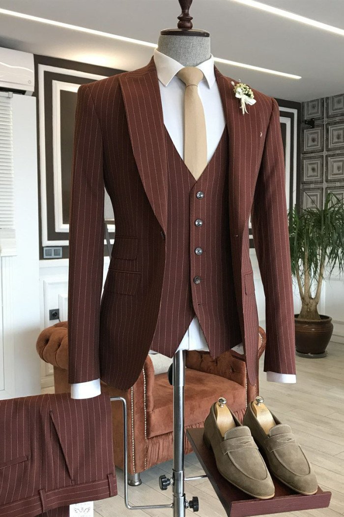 Elmer New Arrival Burgundy 3-Pieces Striped Peaked Collar Men Suits For Business