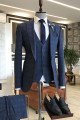 Frederic Blue Small Plaid  3-Pieces Peaked Collar One Button Official Men Suits