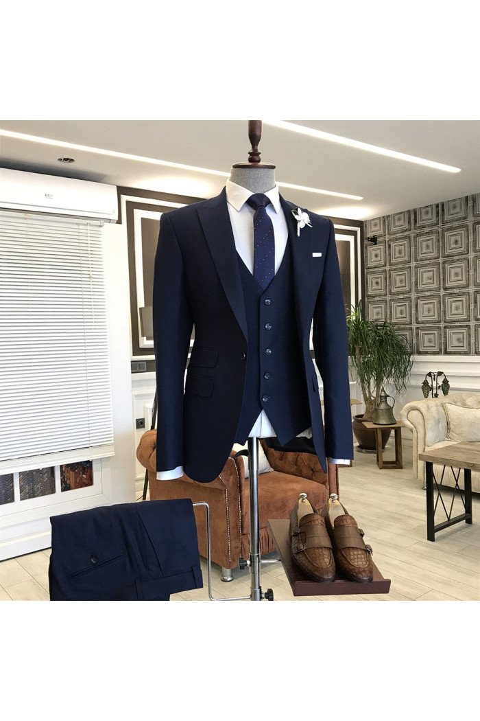Kelly Official 3-Pieces Solid Navy Blue Peaked Collar Men Men Suits