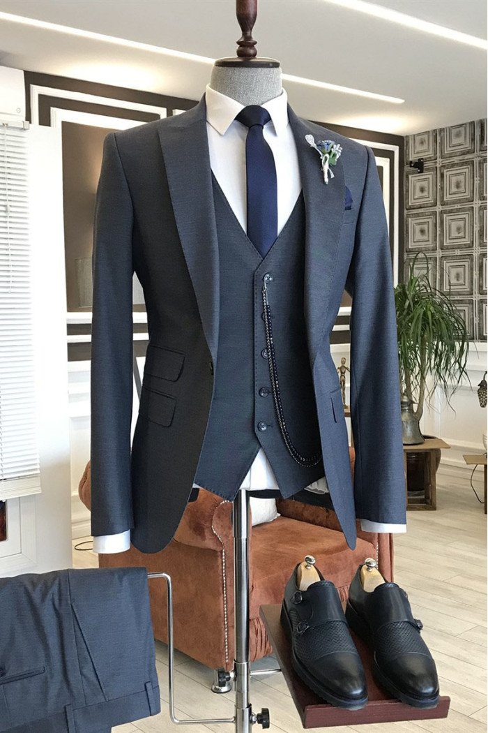 Leo Black 3-Pieces Peaked Collar Official Business Men Suits