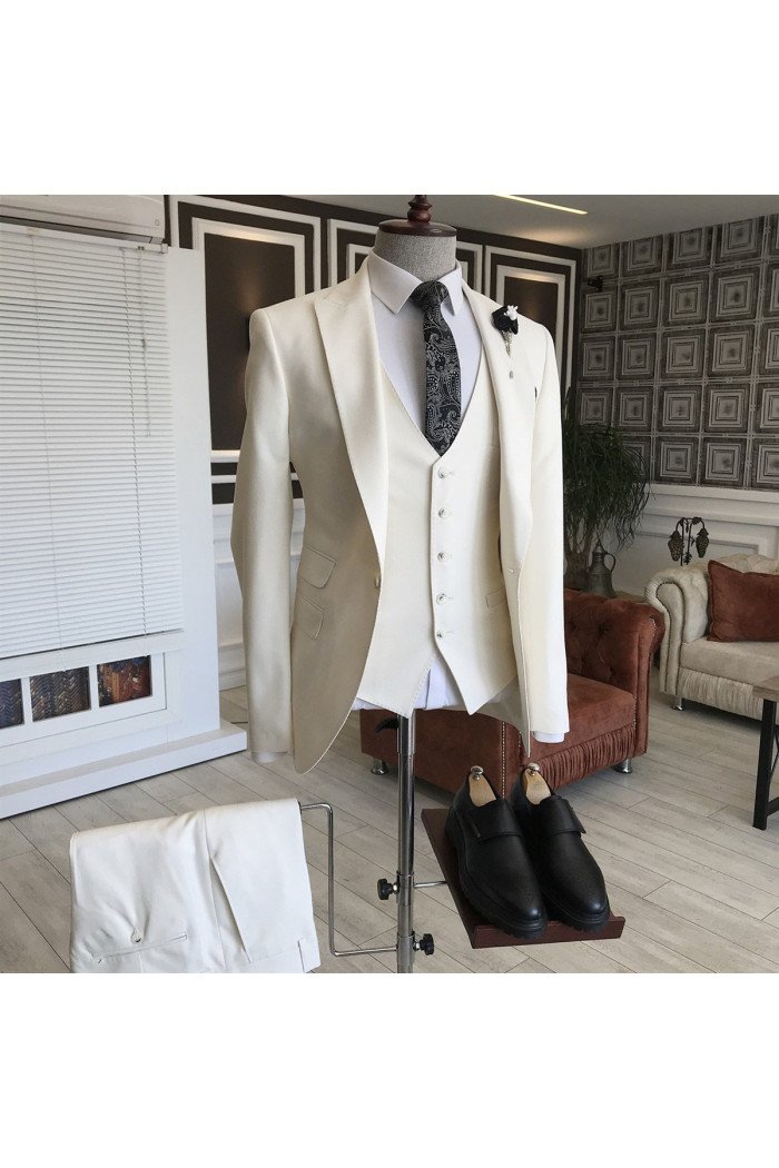 Mark New Arrival All White Peaked Collar Close Fitting Men Suits