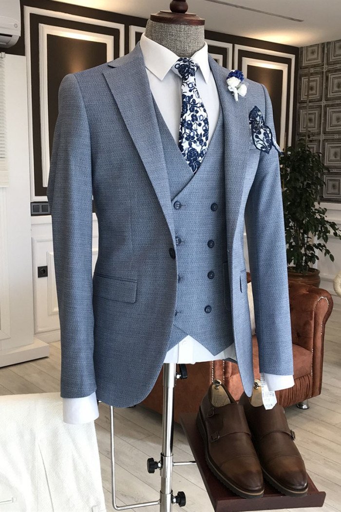 Popular Blue Plaid Notch Collar Double Breasted Bespoke Men Suits