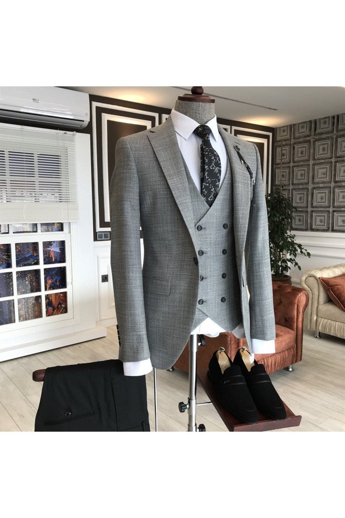 Regular Gray Plaid 3-Pieces Notch Collar One Button Business Men Suit