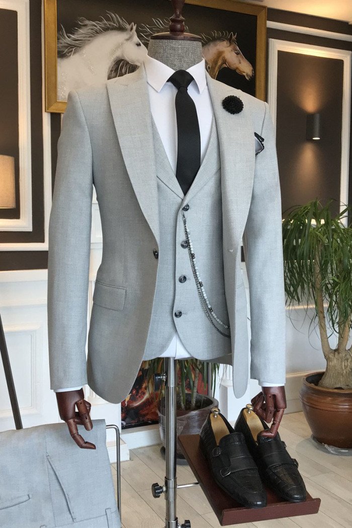 Latest Light Gray 3-Pieces Double Breasted One Button Men Suits