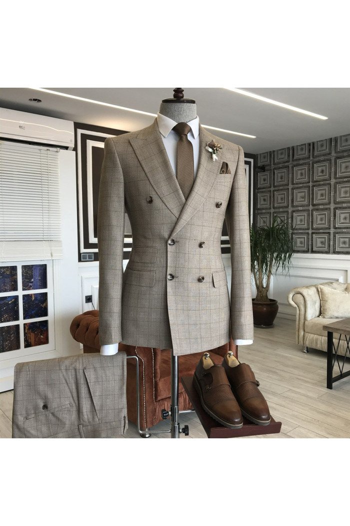 Latest Brown Plaid Double Breasted Peaked Collar Business Men Suit