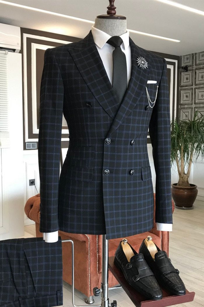  Formal Black Plaid Peaked Collar Double Breasted Bespoke Business Men Suits